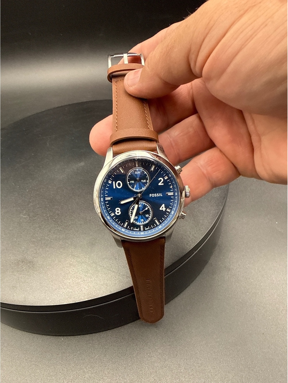 Fossil Men's Chronograph Watch with Blue Dial and Brown Leather Strap